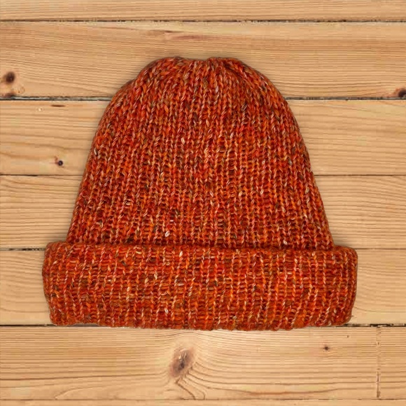 Hand Crafted Accessories - Handmade Cotton Alpaca Tweed Knit Hat Color Orange Pumpkin Handcrafted Beanie